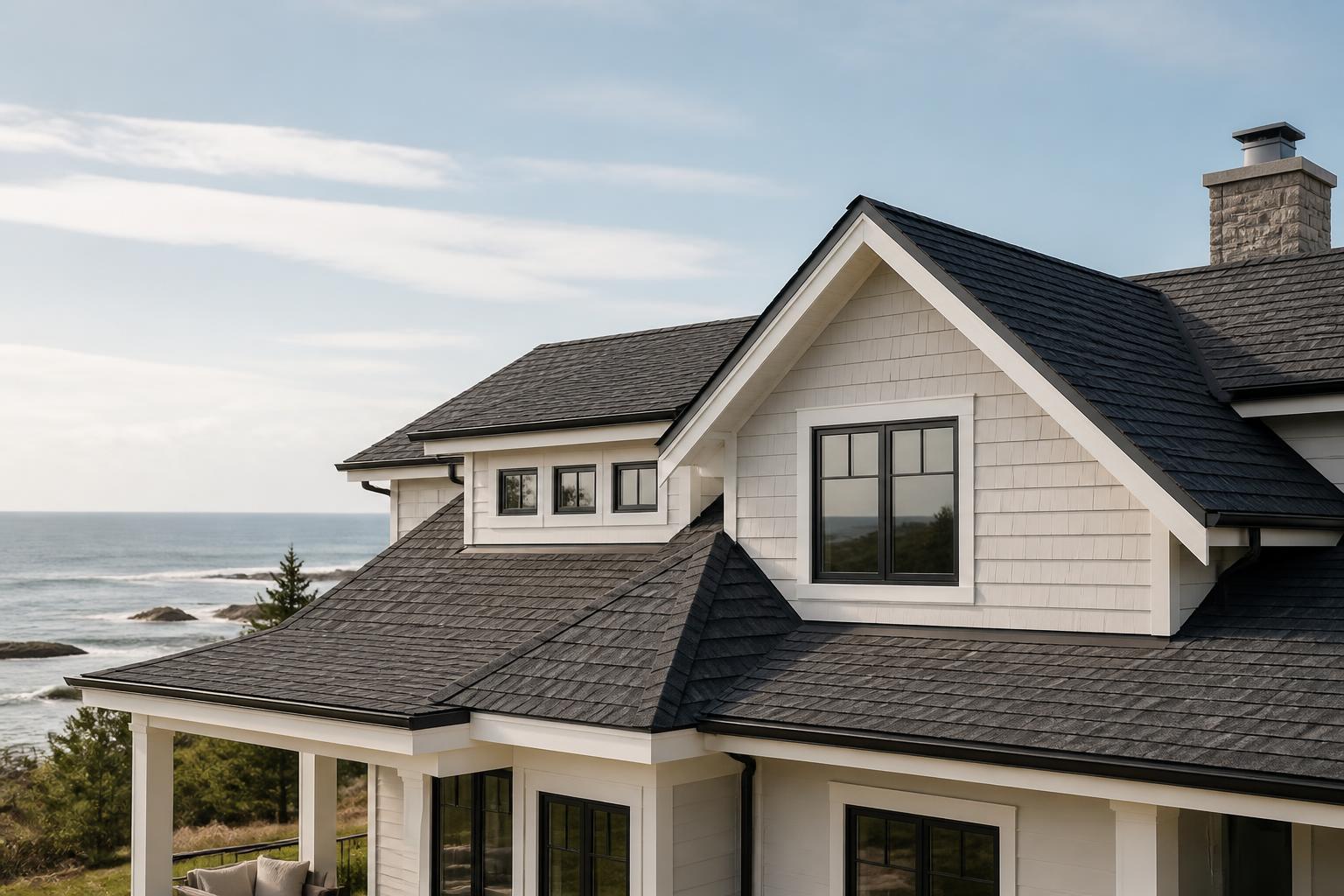 Finished modern coastal home roof under soft daylight