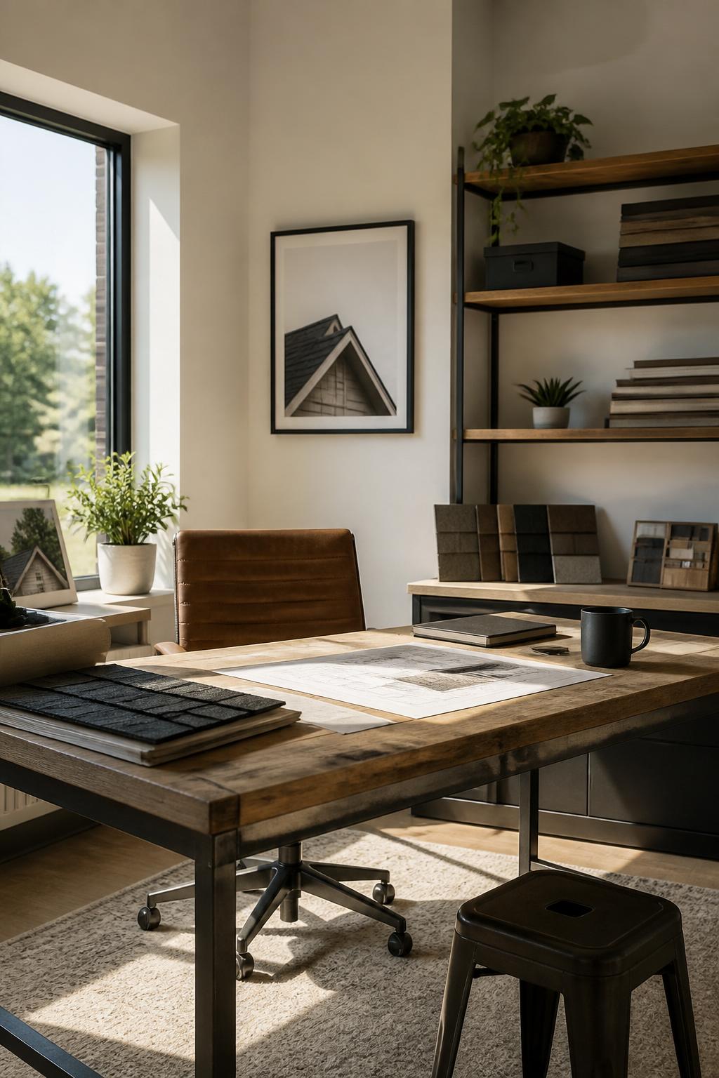 Clean roofing office workspace with warm natural light